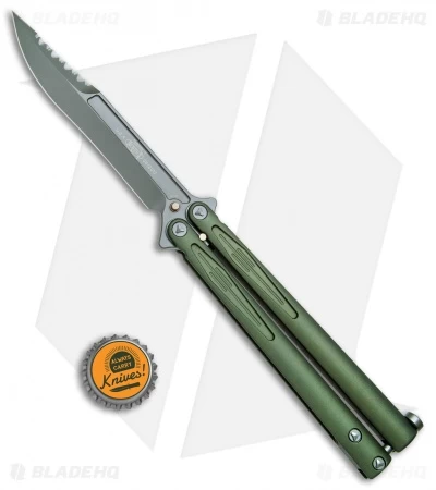 Microtech Tachyon III Balisong Butterfly OD Green (4.5" Serrated Top Swedge OD) - Image 5